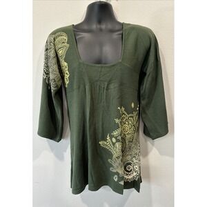 One World‎ Women's Green 100% Acrylic Long Sleeve Square Neck Shirt Size M